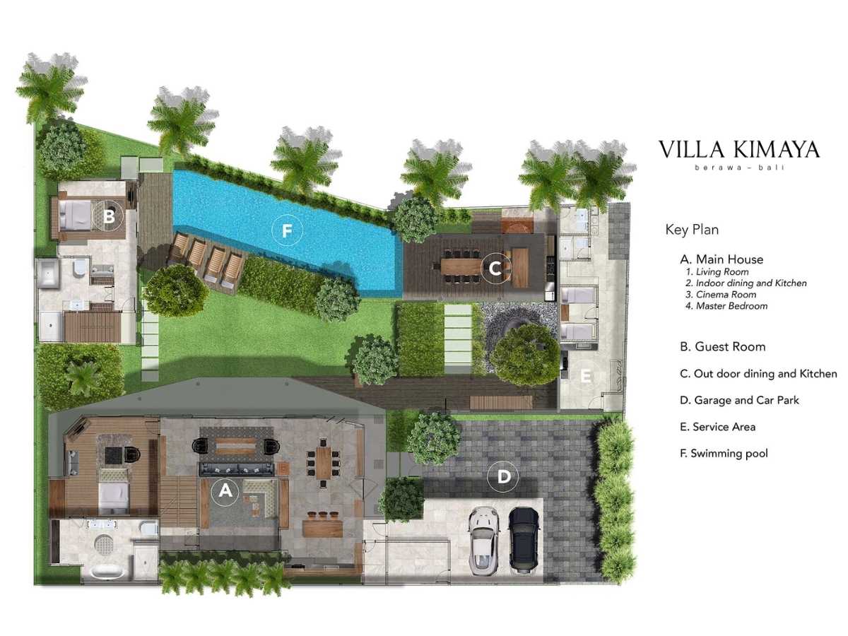 Villa Kimaya ground floor plan showing the main house with three bedrooms, open-plan kitchen, living area and pool access.