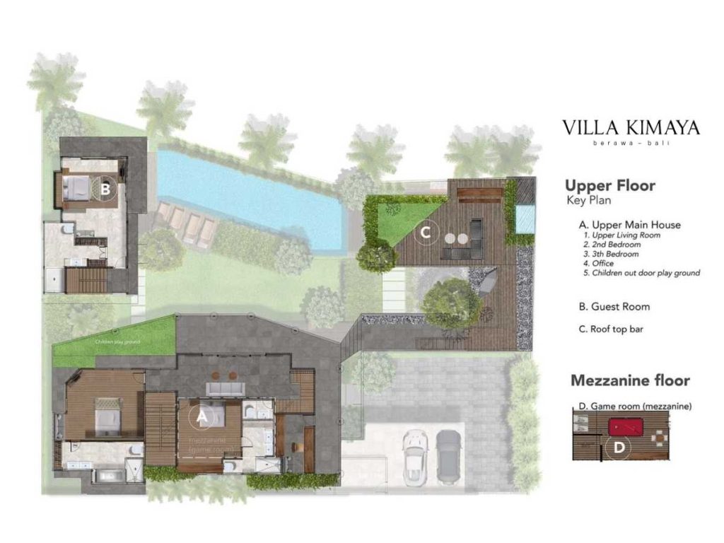 Villa Kimaya upper floor plan of the guest house, featuring two bedrooms, private bathrooms and terrace overlooking rice fields.